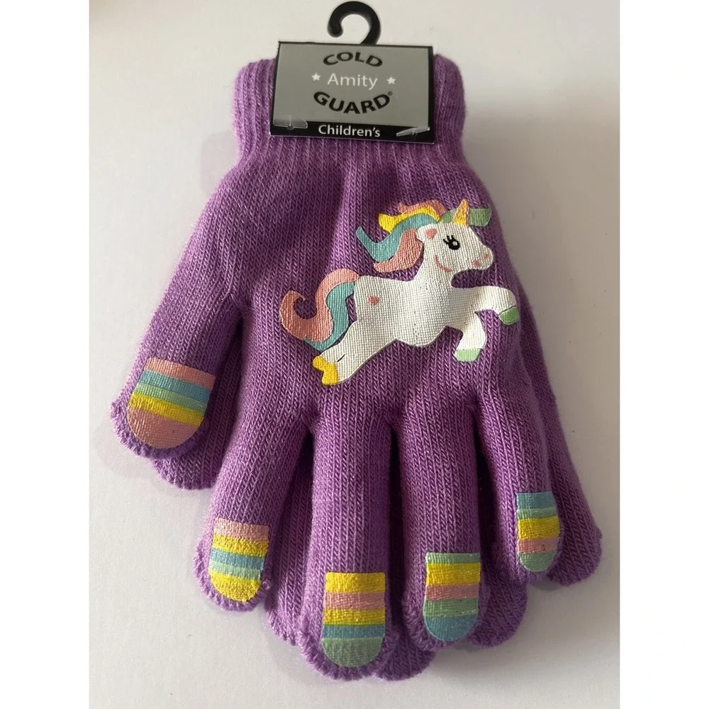 Amity Cold Guard Girls Unicorn Fashion Knit Gloves Purple Pastels 5.5